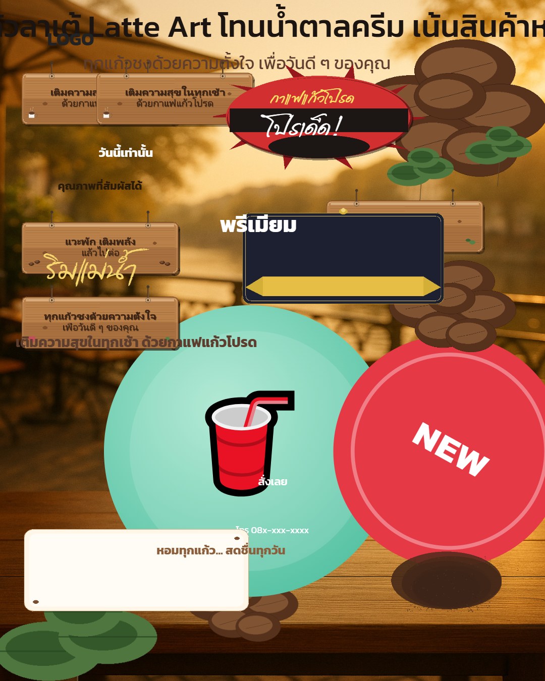 โปสเตอร์ร้านกาแฟพรีเมียมริมแม่น้ำ บรรยากาศสงบ แก้วลาเต้ Latte Art โทนน้ำตาลครีม เน้นสินค้าหลักชัดเจน มีพื้นที่ว่างด้านบนสำหรับชื่อร้านและโปรโมชัน