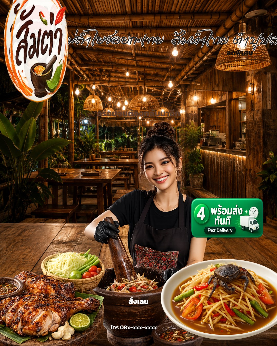 ส้มตำแม่ลำไยซอยกะเทย  ส้มตำไทย ตำปูปลาร้า ส้มตำป่า บริการ 24 ชั่วโมง