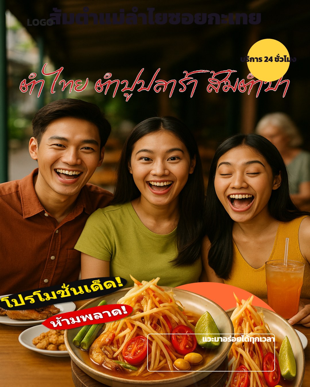 ส้มตำแม่ลำไยซอยกะเทย  ส้มตำไทย ตำปูปลาร้า ส้มตำป่า บริการ 24 ชั่วโมง