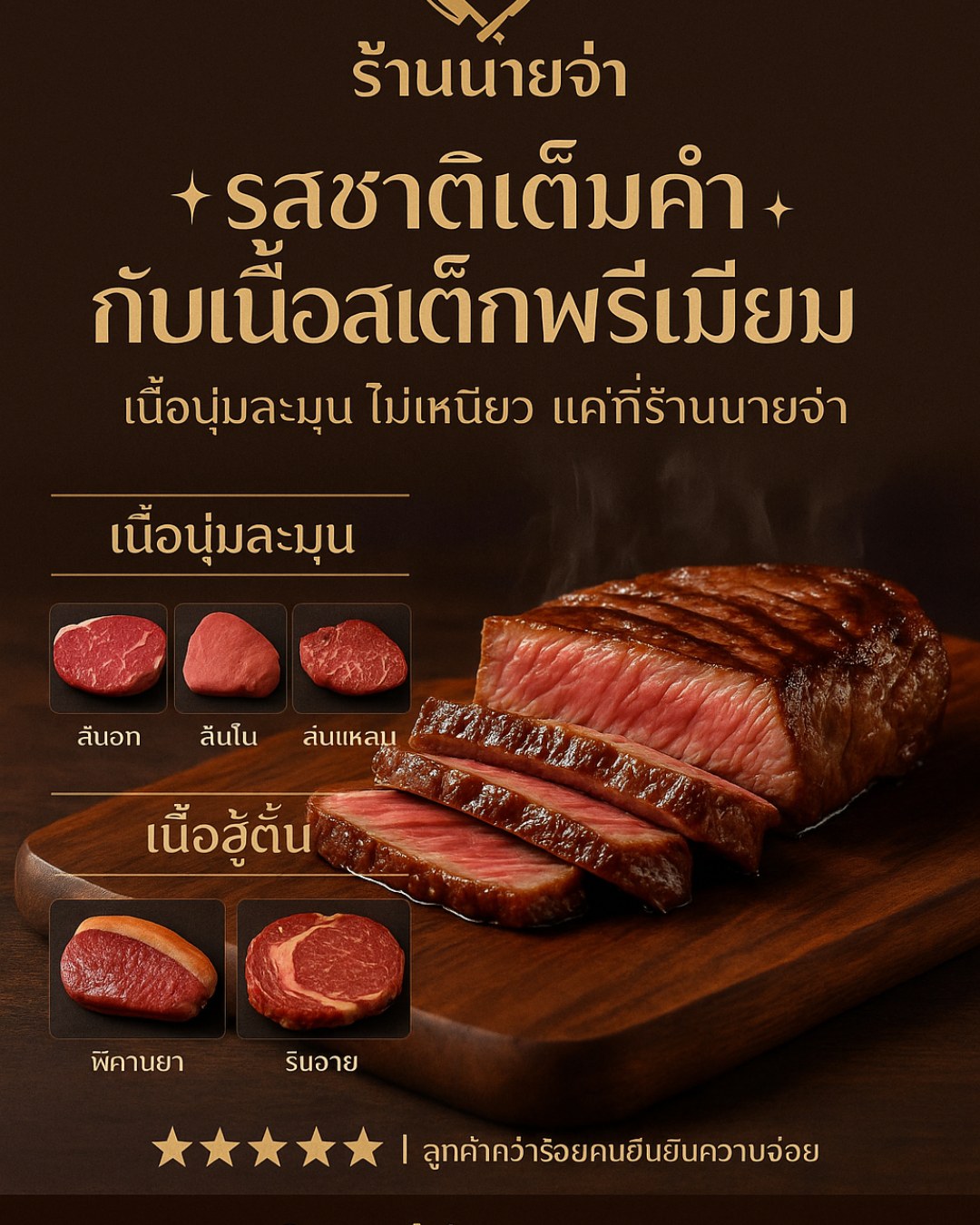 ร้านนายจ๋า บริการเนื้อสเต็ก จะเอานุ่มอร่อยก็ สันอก สันใน สันแหลม สู้ลิ้นหน่อยก็ พิคานย่า ริบอาย รสชาติดี ไม่เหนียวเกินไป